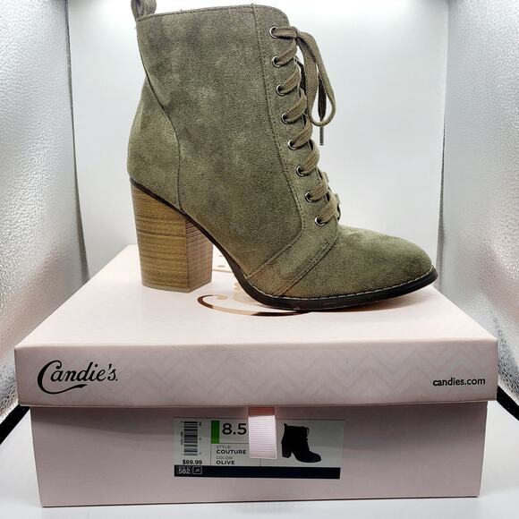 Y2K NIB Candie's Couture Olive Green Ankle Lace-up Chunky Heel Booties Sz 8.5 - Picture 9 of 12